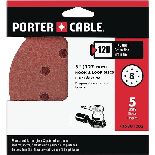 Porter-Cable Sanding Disc, 5 in Dia, 120 Grit, Fine, Aluminum Oxide Abrasive, 8-Hole - 735801205