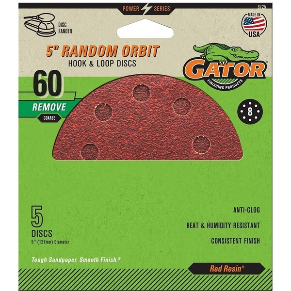 Gator Sanding Disc, 5 in Dia, 60 Grit, Coarse, Aluminum Oxide Abrasive, Vented - 3725