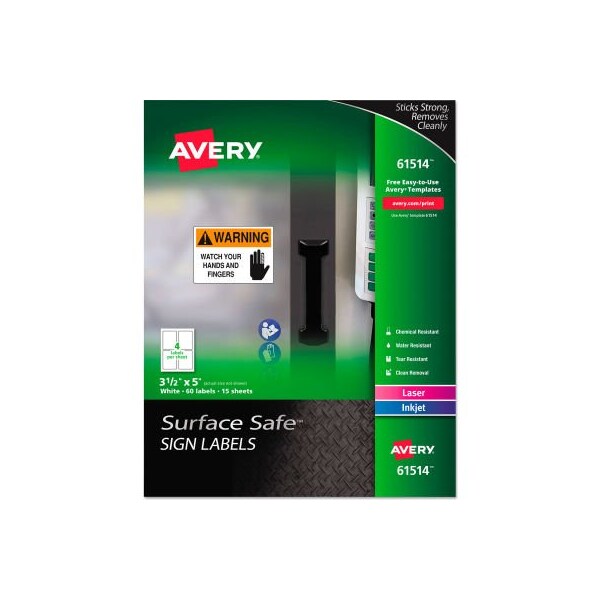 Avery Dennison Avery Surface Safe Sign Labels, 3-1/2in x 5in, White, 60/Pack - 61514