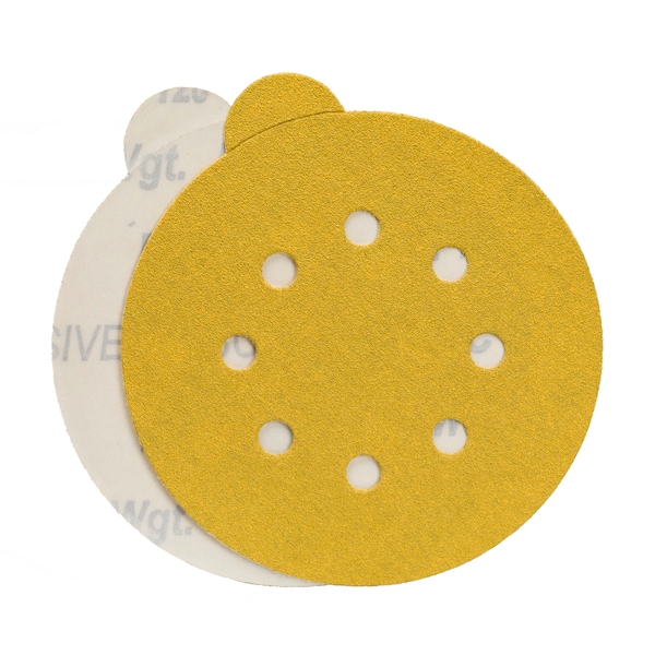 Cgw Abrasives Sanding Disc, PSA, 5,150G, Gld, Mylar, 5" Dia, 5 Hole, Aluminum Oxide, P150 Grit - 49825