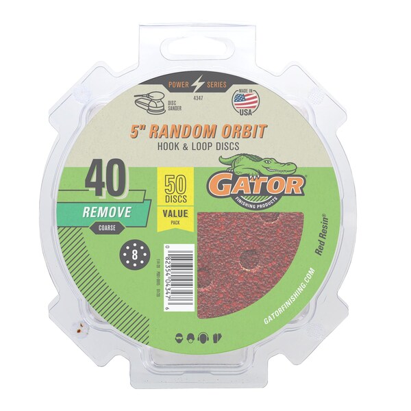 Gator Finishing 5" Red Resin Random Orbit Sander Hook and Loop Discs, 40 Coarse Grit Remove - 4347