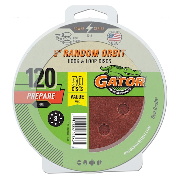 Gator Finishing 5" Red Resin Random Orbit Sander Hook and Loop Discs, 120 Fine Grit Prepare - 4342