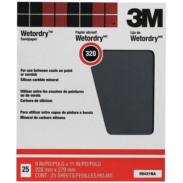 3M Wetordry 99421NA Sand Paper, 320-Grit, Paper Backing, Silicone Carbide, Black - 99421NA