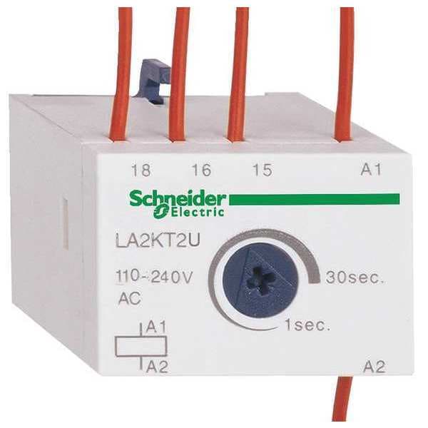 Bloque de contacto auxiliar de retardo electrónico Schneider Electric, TeSys K, 1C/O, retardo a la conexión 1-30s, frontal, control 110...240V CA - LA2KT2U