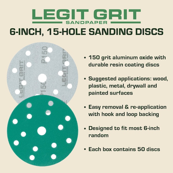 Legit Grit 6 inch Sand paper Disc, 15-Hole, 150 Grit, 50PK - LG6-15150-50