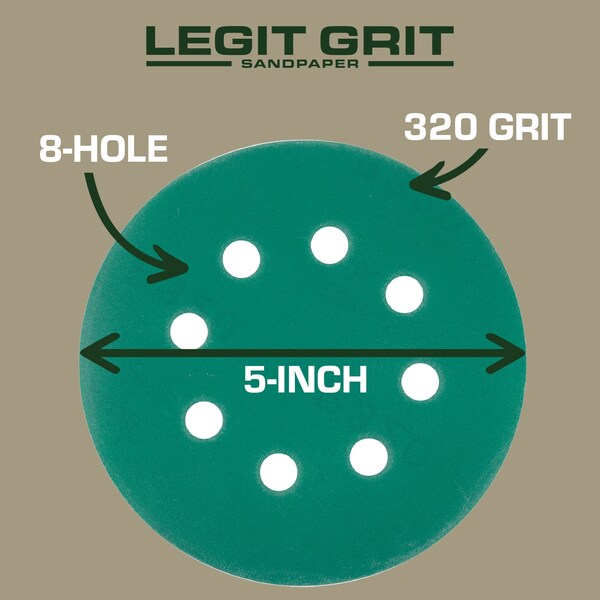 Legit Grit 5 inch Sand paper Disc, 8-Hole, 320 Grit, 100PK - LG5-8320-100