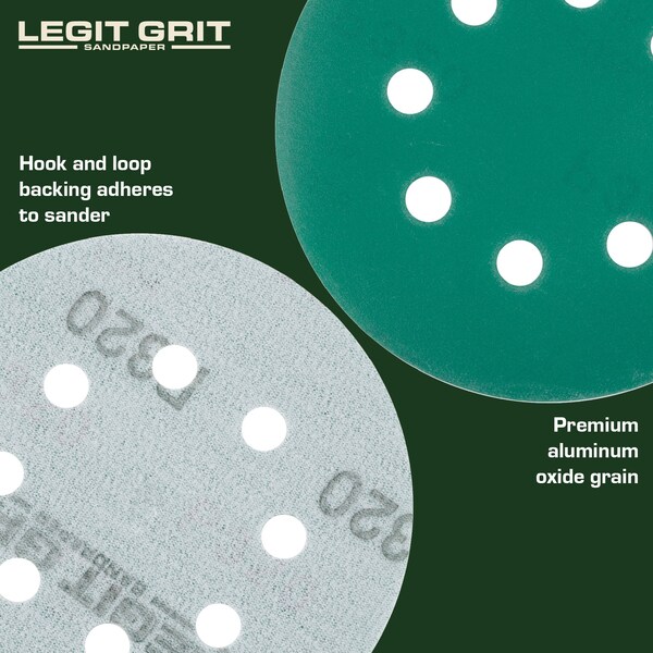 Legit Grit 5 inch Sand paper Disc, 8-Hole, 320 Grit, 100PK - LG5-8320-100