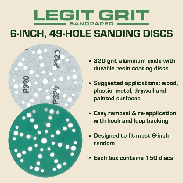 Legit Grit 6 inch Sand paper Disc, 49-Hole, 320 Grit, 150PK - LG6-49320-150