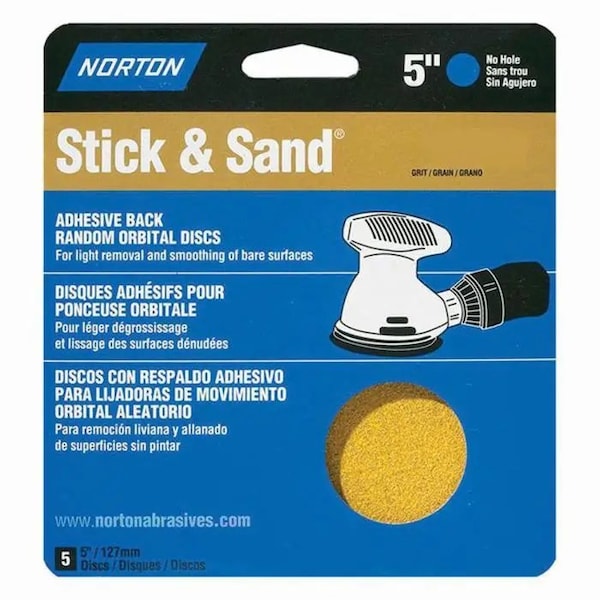 Norton Co 5" Stick & Sand No-Hole PSA Sanding Disc 120-Grit, PK 5 - 48906