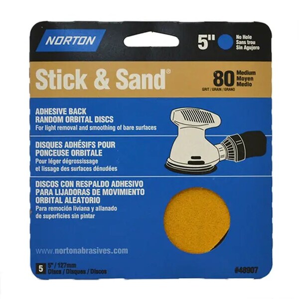Norton Co 5" Stick & Sand No-Hole PSA Sanding Disc 80-Grit, PK 5 - 48907