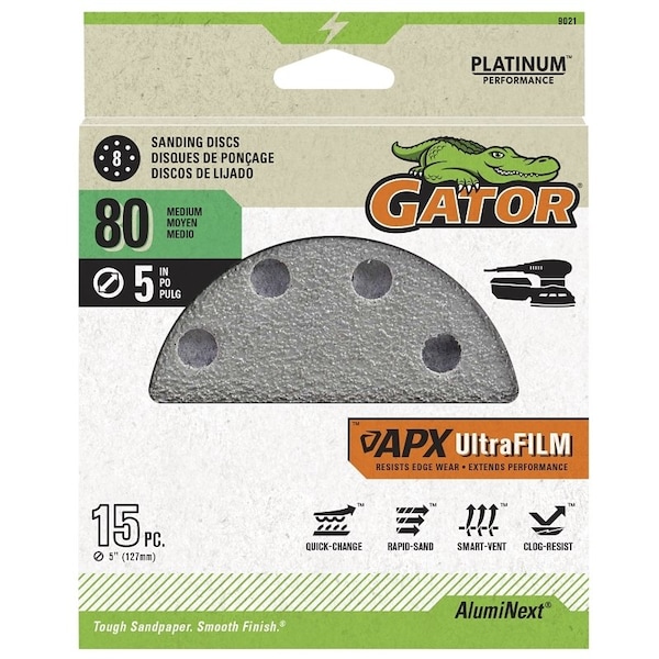 Gator Sanding Disc, 5 in Dia, 80 Grit, Aluminum Oxide Abrasive, Film Backing, 8-Hole - 9021GA