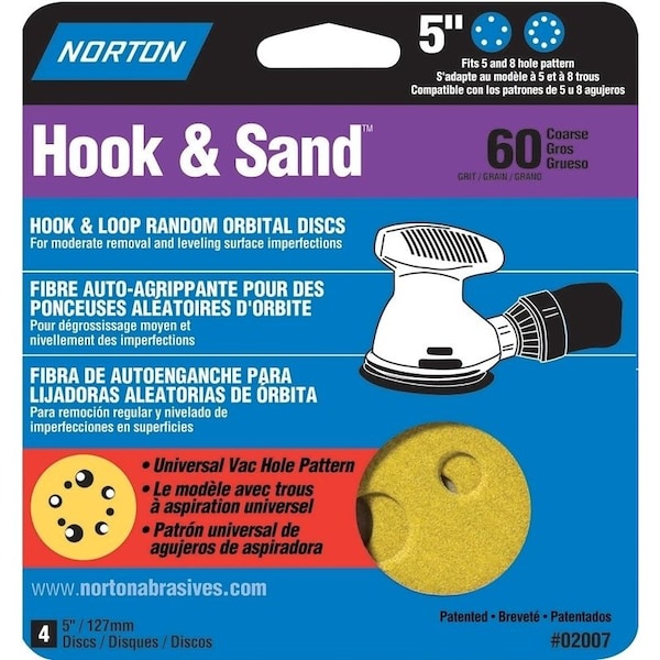 Norton Co 0 Sanding Disc, 5 in Dia, Coated, P60 Grit, Coarse, Aluminum Oxide Abrasive, Universal Vacuum - 2007