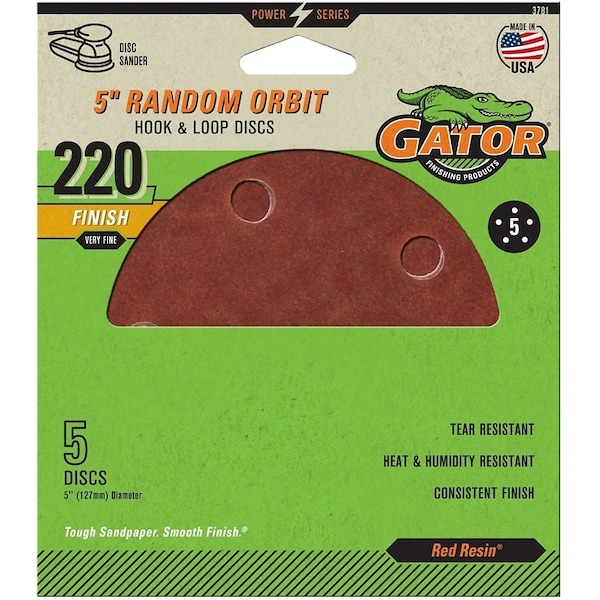 Gator Sanding Disc, 5 in Dia, 220 Grit, Extra Fine, Aluminum Oxide Abrasive, Vented - 3781