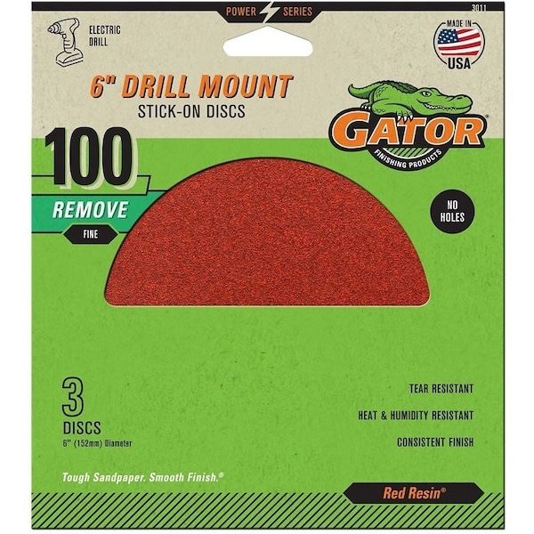 Gator Sanding Disc, 6 in Dia, 100 Grit, Medium, Aluminum Oxide Abrasive, Paper Backing - 3011