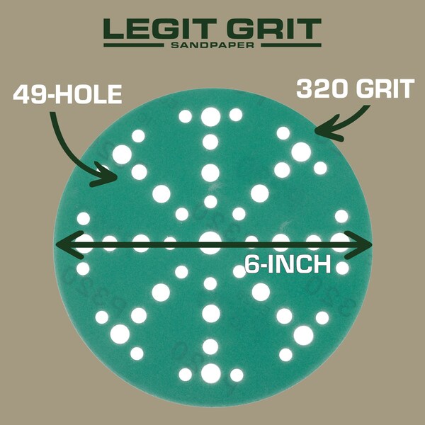 Legit Grit 6 inch Sand paper Disc, 49-Hole, 320 Grit, 50PK - LG6-49320-50