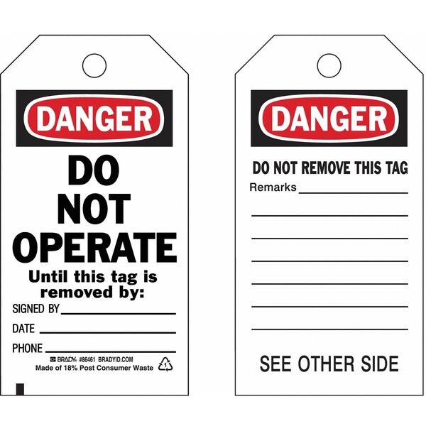 Brady Danger Tag, 5-3/4 x 3 In, 3/8 In, PK10, 86461 - 86461