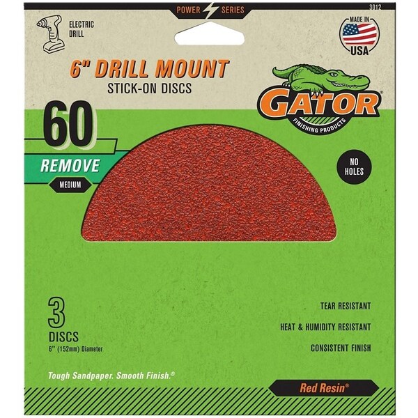 Gator Sanding Disc, 6 in Dia, 60 Grit, Coarse, Aluminum Oxide Abrasive, Pressure-Sensitive Adhesive Backing - 3012