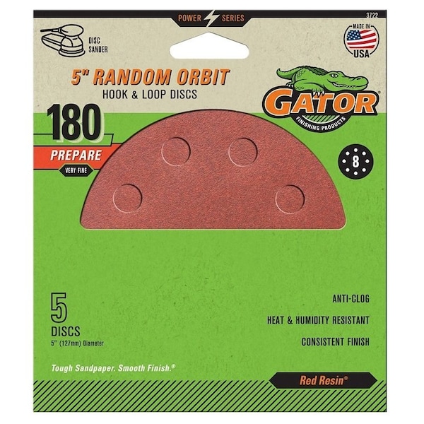 Gator Sanding Disc, 5 in Dia, 180 Grit, Very Fine, Aluminum Oxide Abrasive, Vented - 3722