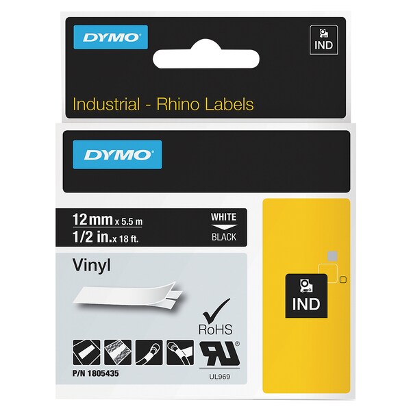 Dymo Rhino Permanent Vinyl Industrial Label Tape, 0.5" x 18 ft, Black/White Print - 1805435