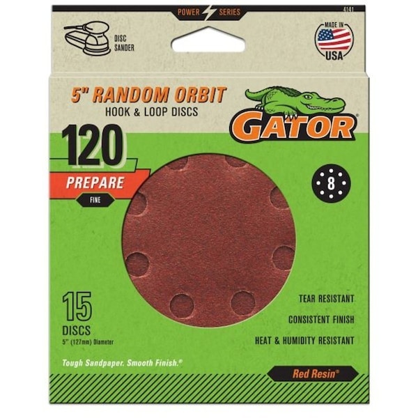 Gator Sanding Disc, 5 in Dia, 120 Grit, Fine, Aluminum Oxide Abrasive, Vented - 4141