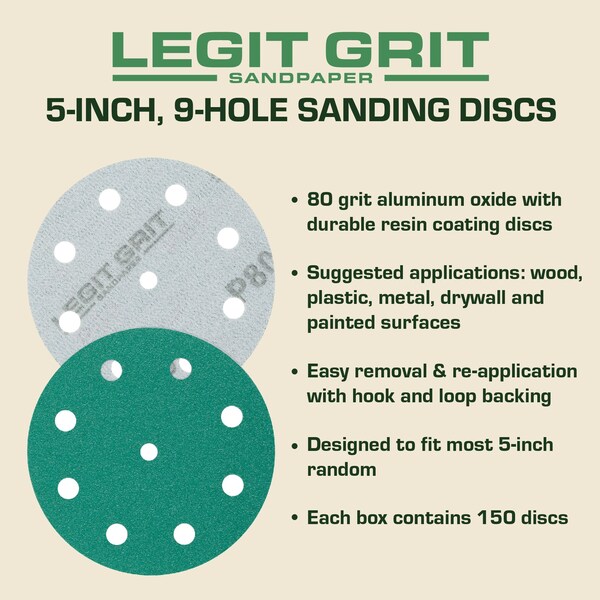 Legit Grit 5 inch Sand paper Disc, 9-Hole, 80 Grit, 150PK - LG5-980-150