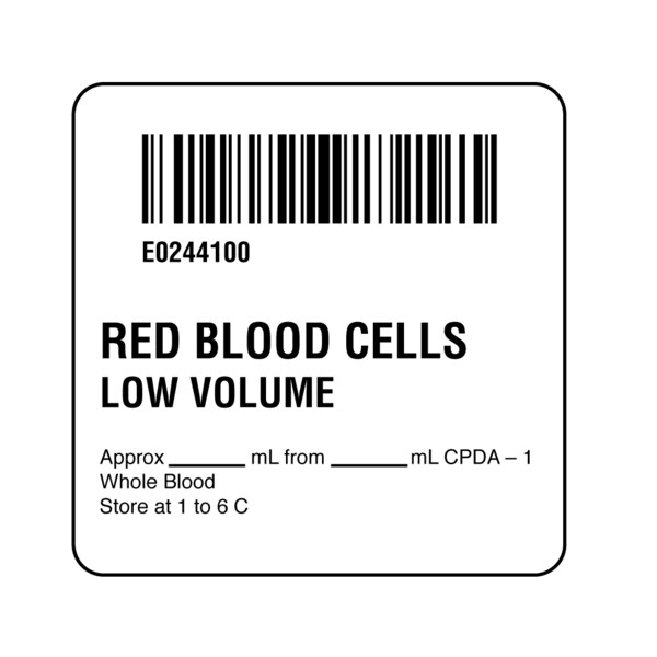 Nevs ISBT 128 Red Blood Cells Low Volume 2" x 2" - BBC-0244-100