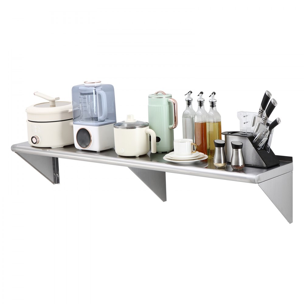 VEVOR 12" x 60" Stainless Steel Shelf, Wall Mounted Floating Shelving with Brackets, 315 lbs Load Capacity Commercial Shelves, Heavy Duty Storage Rack for Restaurant, Kitchen, Bar, Home, and Hotel - BGSCTTJD126013PHRV0