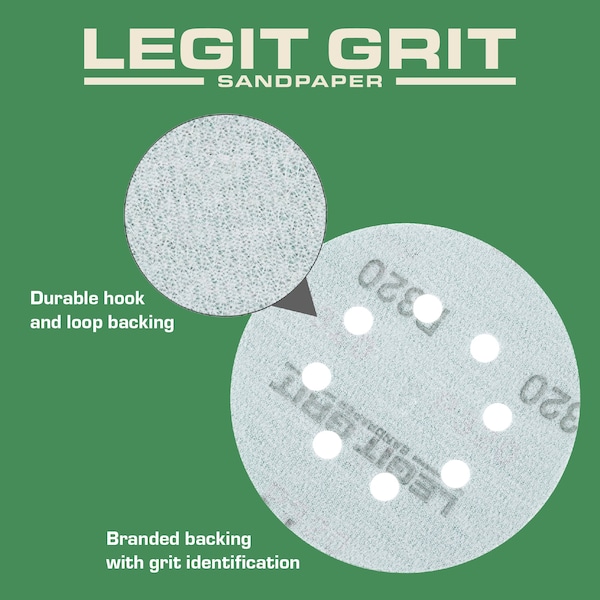 Legit Grit 5 inch Sand paper Disc, 8-Hole, 320 Grit, 50PK - LG5-8320-50