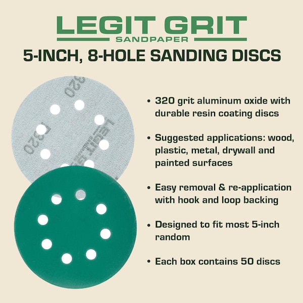 Legit Grit 5 inch Sand paper Disc, 8-Hole, 320 Grit, 50PK - LG5-8320-50