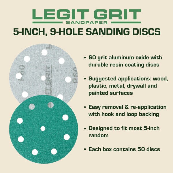 Legit Grit 5 inch Sand paper Disc, 9-Hole, 60 Grit, 100PK - LG5-960-100