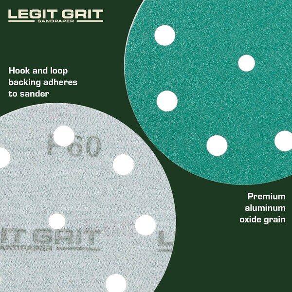 Legit Grit 5 inch Sand paper Disc, 9-Hole, 60 Grit, 100PK - LG5-960-100