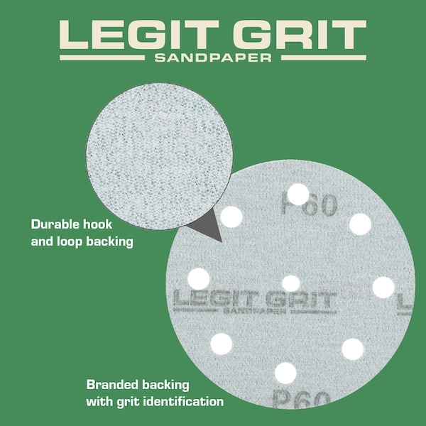 Legit Grit 5 inch Sand paper Disc, 9-Hole, 60 Grit, 100PK - LG5-960-100
