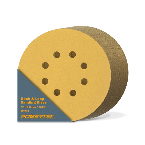 Powertec 5 Inch 8 Hole Hook and Loop Sanding Discs, 100 Grit, Sandpaper for Ramdom Orbital Sanders, 100PK - 44010G-50-P2