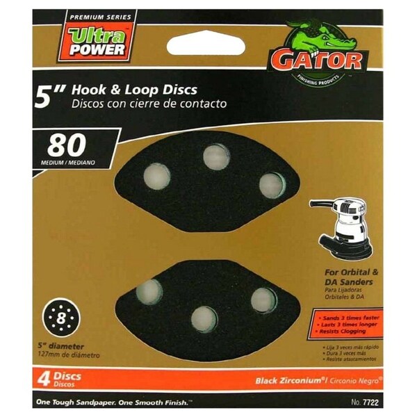 Gator Sanding Disc, 5 in Dia, 80 Grit, Medium, Zirconium Oxide Abrasive, Vented - 7722
