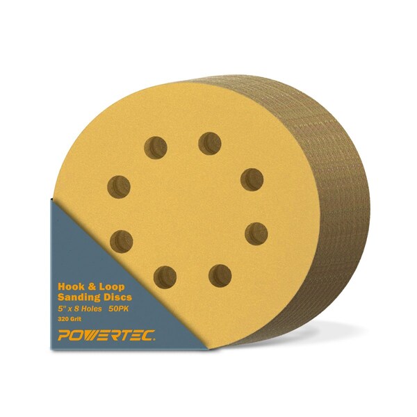 Powertec 5 in. x 8 Holes, 320 Grit, A/O Hook & Loop Sanding Disc, Gold, 50PK - 44032G-50