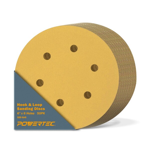 Powertec 320 Grit, 6 Inch 6 Hole Hook and Loop Sanding Discs for Random Orbital Sander, 50PK - 45232G-50