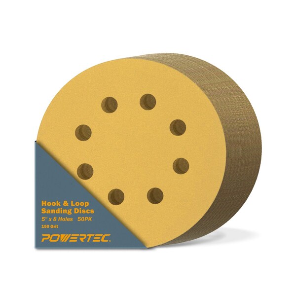 Powertec 5 in. x 8 Holes, 150 Grit, A/O Hook & Loop Sanding Disc, Gold, 50PK - 44015G-50