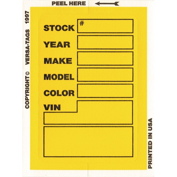 Car Dealer Depot Versa-Tag Kleer-Bak Stock Stickers, 3" X 4", 100 Per Box: Yellow Pk - 426-ASP