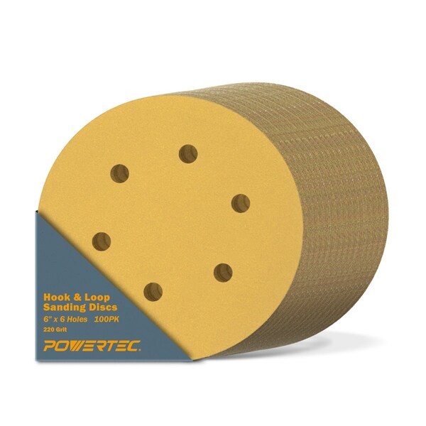 Powertec 220 Grit, 6 Inch 6 Hole Hook and Loop Sanding Discs for Random Orbital Sander, 100PK - 45222G-50-P2