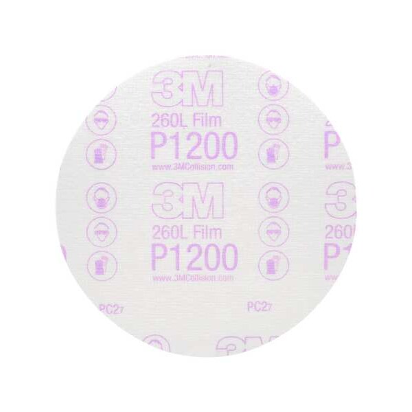 3M Hook-and-Loop Sanding Disc, 6" Dia, Non-Vacuum, Aluminum Oxide, P1200 Grit, Coated Type, 260L - 60650034949