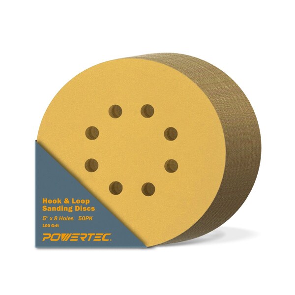 Powertec 5 in. x 8 Holes, 100 Grit, A/O Hook & Loop Sanding Disc, Gold, 50PK - 44010G-50