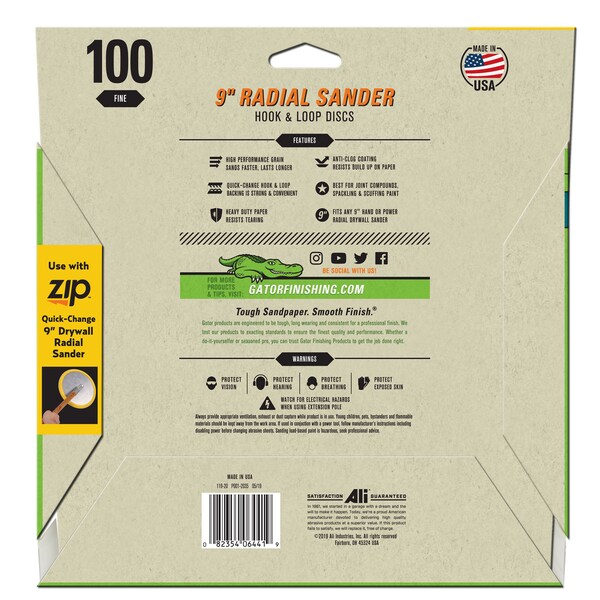 Gator Finishing 9" Zip SilicaCut Radial Drywall Sander Hook and Loop Discs, 100 Fine Grit - 6441