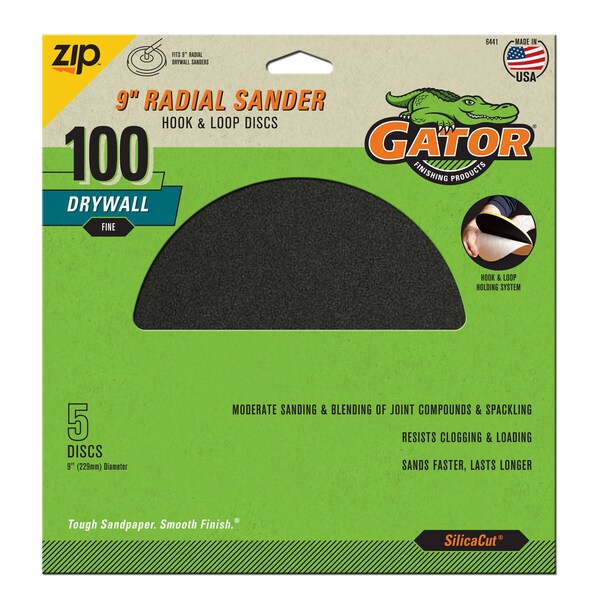 Gator Finishing 9" Zip SilicaCut Radial Drywall Sander Hook and Loop Discs, 100 Fine Grit - 6441