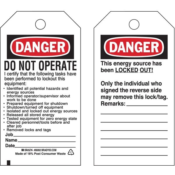 Brady Danger Tag, 5-1/2 x 3 In, Hd Polyest, PK25, 65524 - 65524