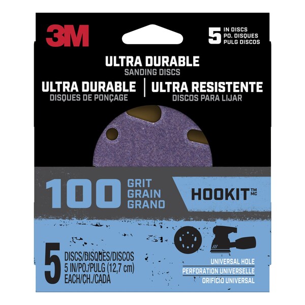 3M Ultra Durable 5 inch Power Sanding Discs, Universal Hole, 100 grit, 20PK - DISC5IN5PK100