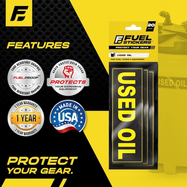 Fuel Stickers Used Oil Stickers, Waste Oil Label for Storage Tank, Drum and More, Hvy-Dty, 6''x2'', 20PK - Z-262UOL-20PK