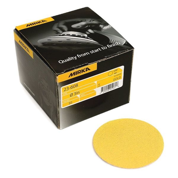 Mirka Grip Disc, 3", P180, PK50, 3" Dia, No Hole, Aluminum Oxide, P180 Grit, Semi Open Coat Type, Gold - 23-608-180