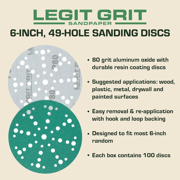 Legit Grit 6 inch Sand paper Disc, 49-Hole, 80 Grit, 100PK - LG6-4980-100