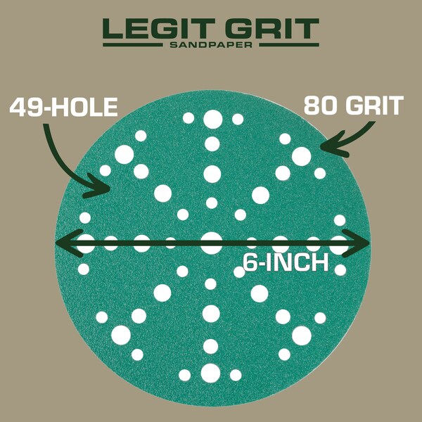 Legit Grit 6 inch Sand paper Disc, 49-Hole, 80 Grit, 100PK - LG6-4980-100