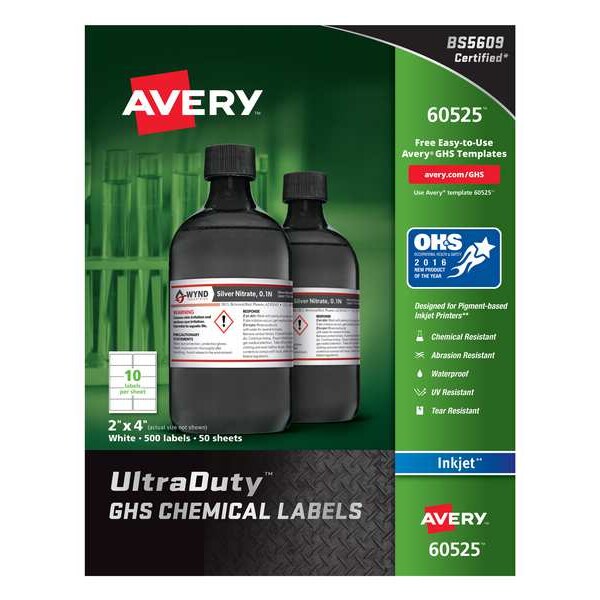 Avery 2" x 4" GHS Chemical Labels for Inkjet Printers, 500 labels/50-sheets - 7278260525